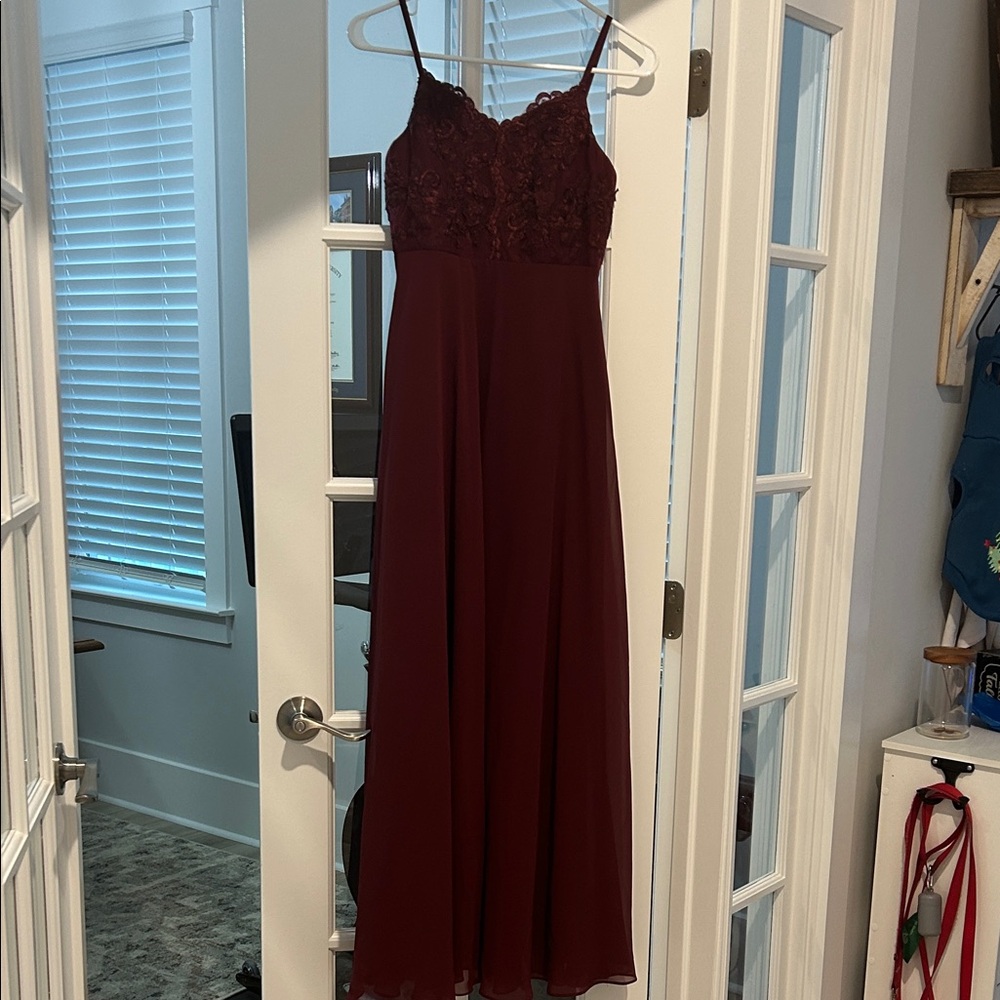 Azazie Burgundy Maxi Dress with Lace Bodice